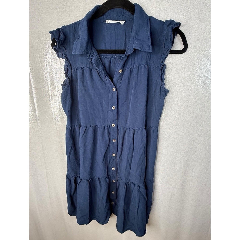 Lucky Brand Women's Blue Solid Collared Button-Front Ruffle Shirt Dress M